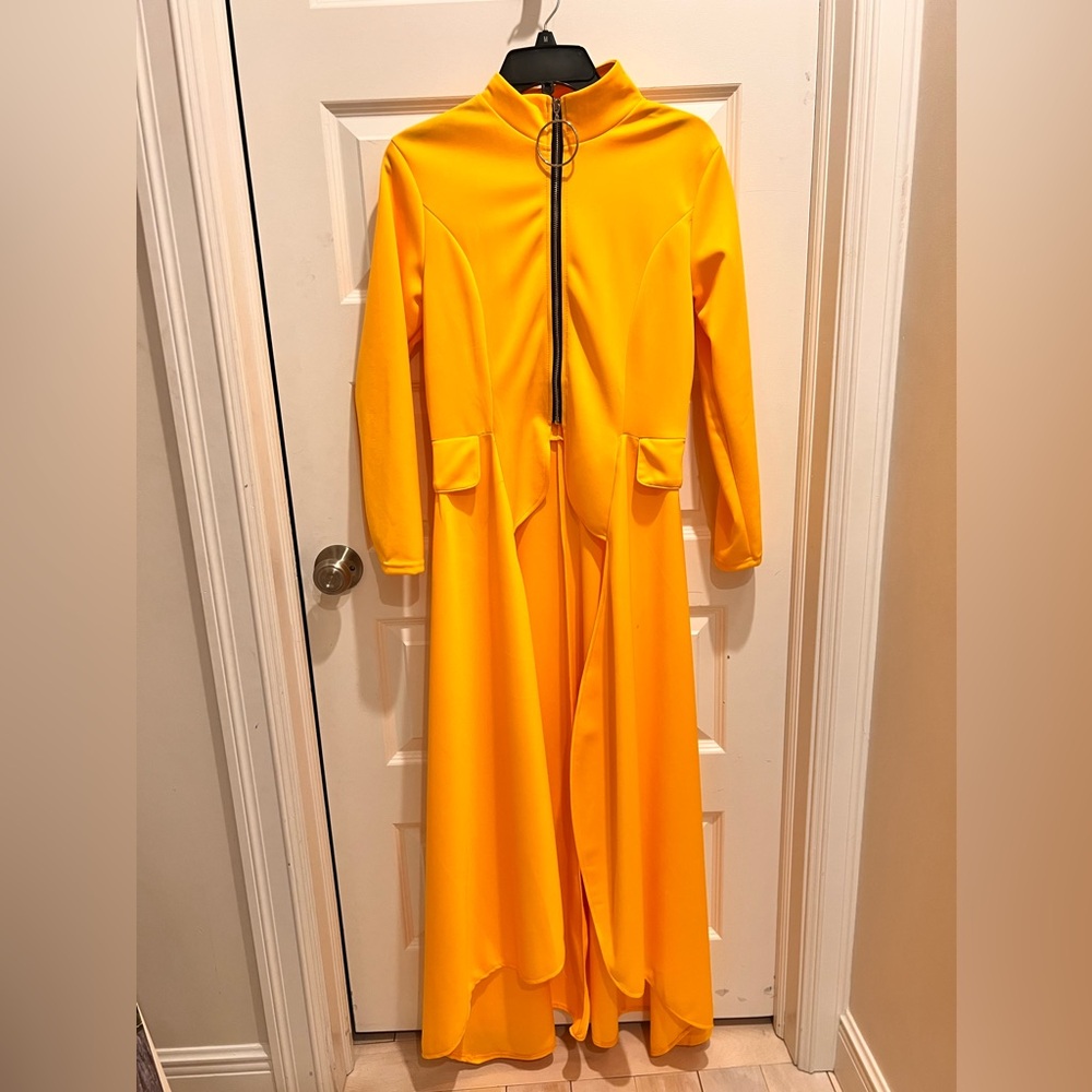 Bold yellow light jacket with hi-low style